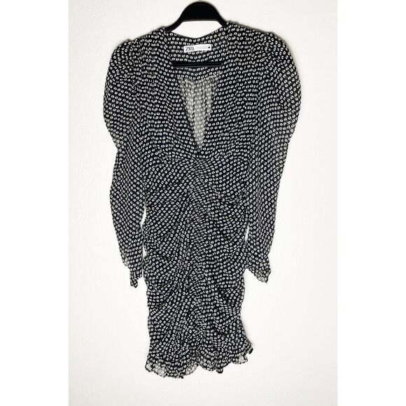 Zara Women's Draped Ruched Mini Dress Puff Long Sleeve Sheer Lined Polka Dot - Picture 5 of 13